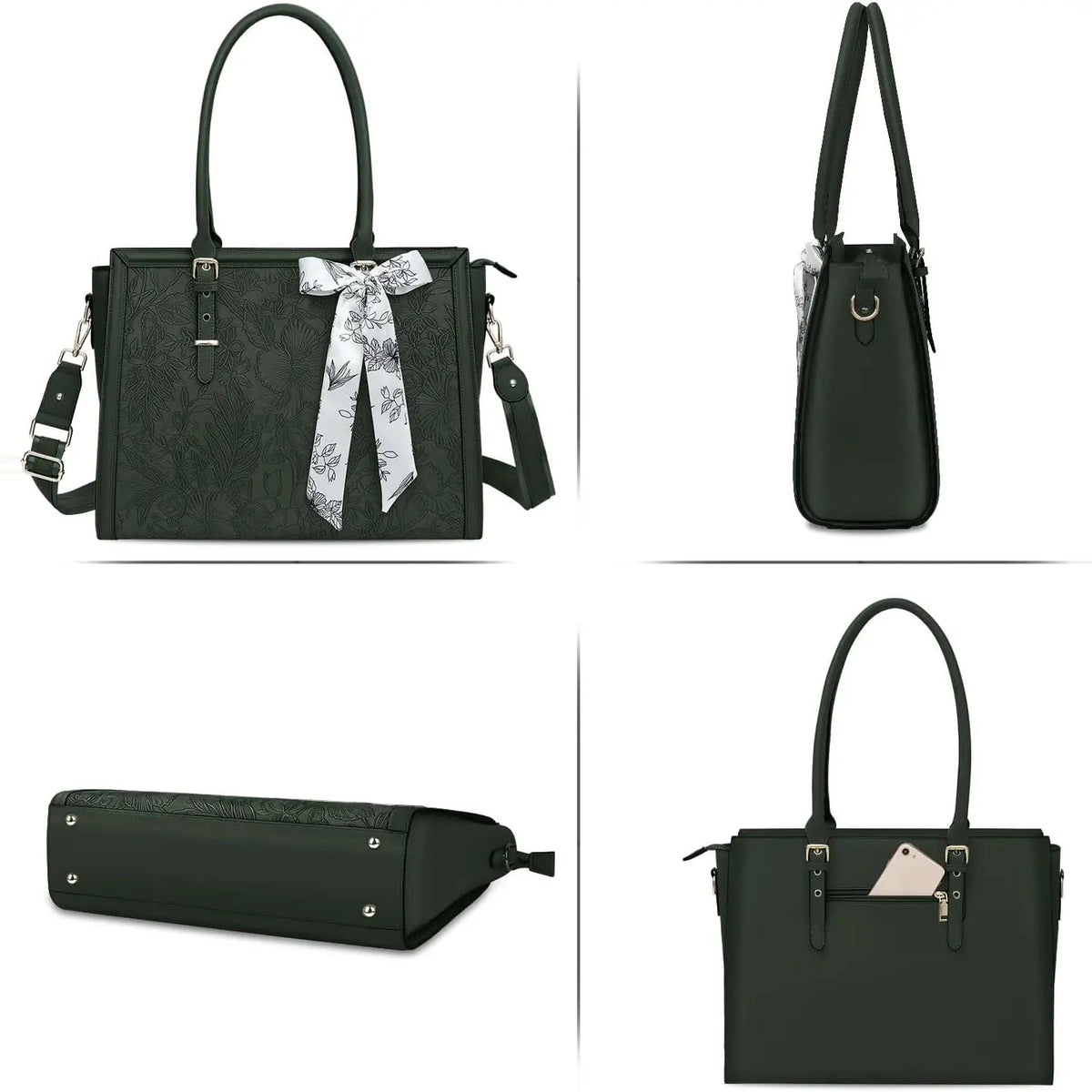 Sac à main pour femme en simili cuir vert foncé gaufré d'un motif floral, foulard blanc imprimé noué à la poignée, présenté de face, de profil, de dessous et de dos avec sa poche zippée.