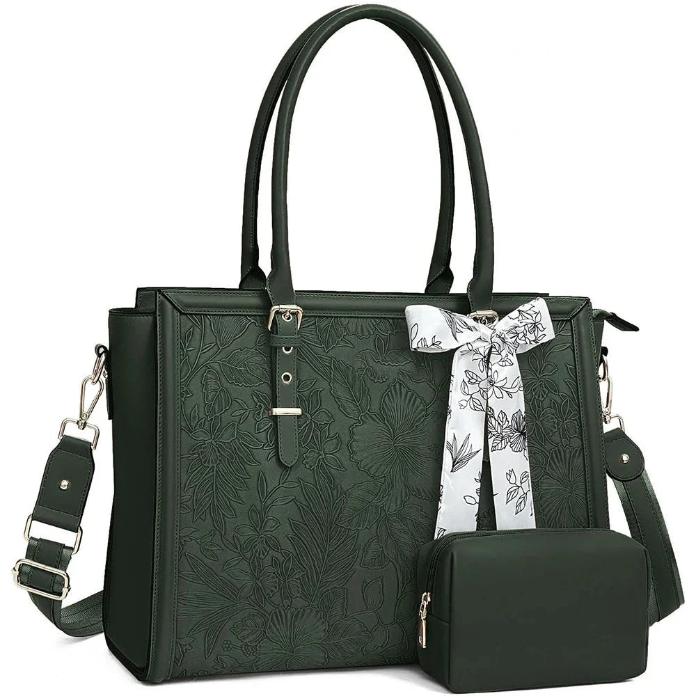 Grand sac cabas femme en simili cuir vert foncé à motif floral gaufré, avec pochette assortie, foulard imprimé noué et bandoulière amovible.