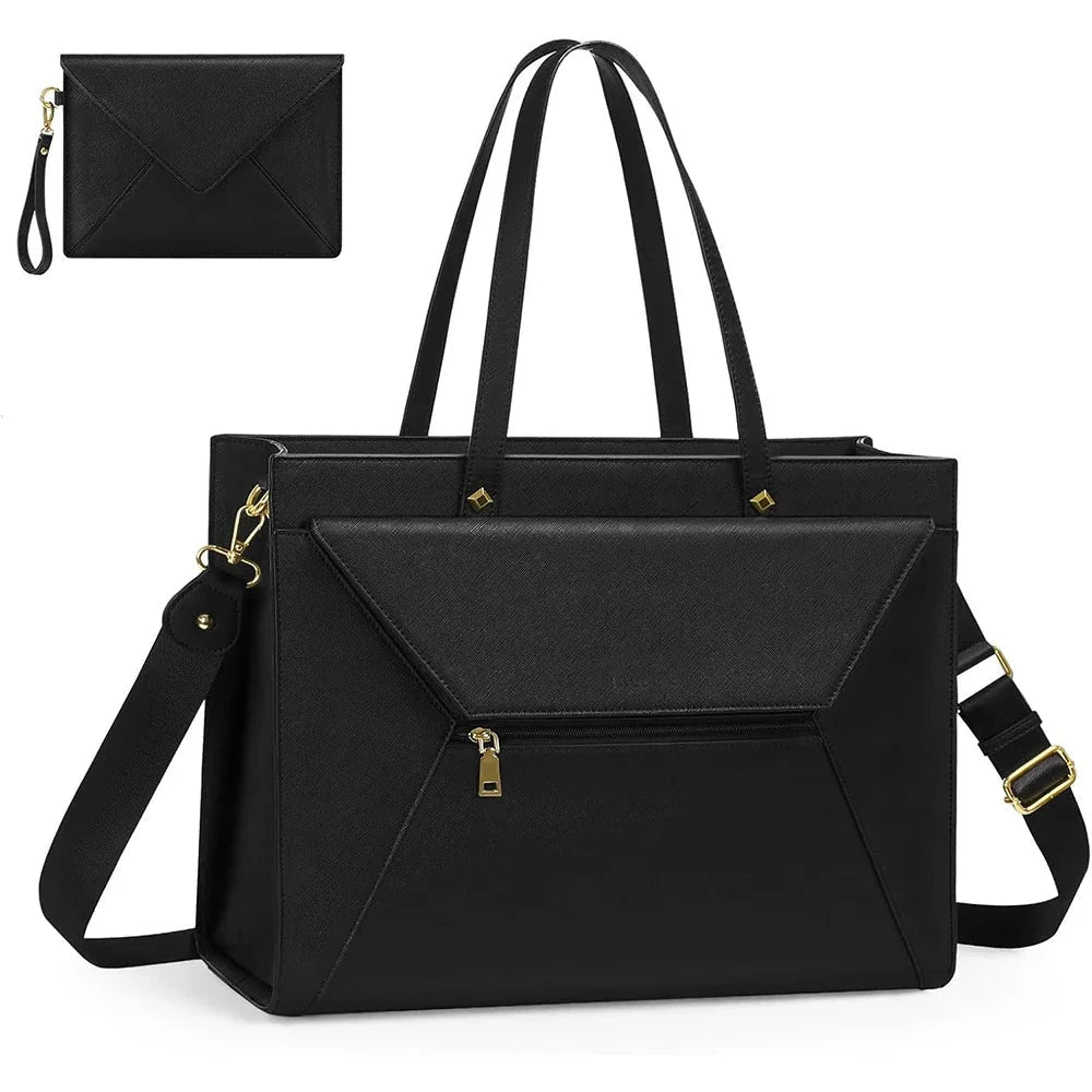 Sac à main noir en cuir grainé pour ordinateur, rabat enveloppe et bandoulière réglable, avec sa pochette assortie.