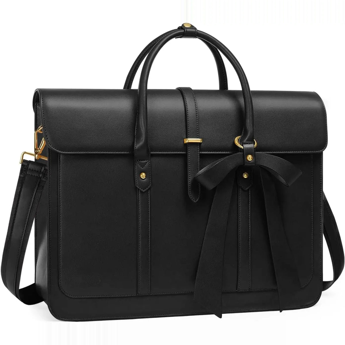 Sac cartable noir vu de face, rabat fermé par un nœud, boucles et rivets dorés, bandoulière sur le côté.