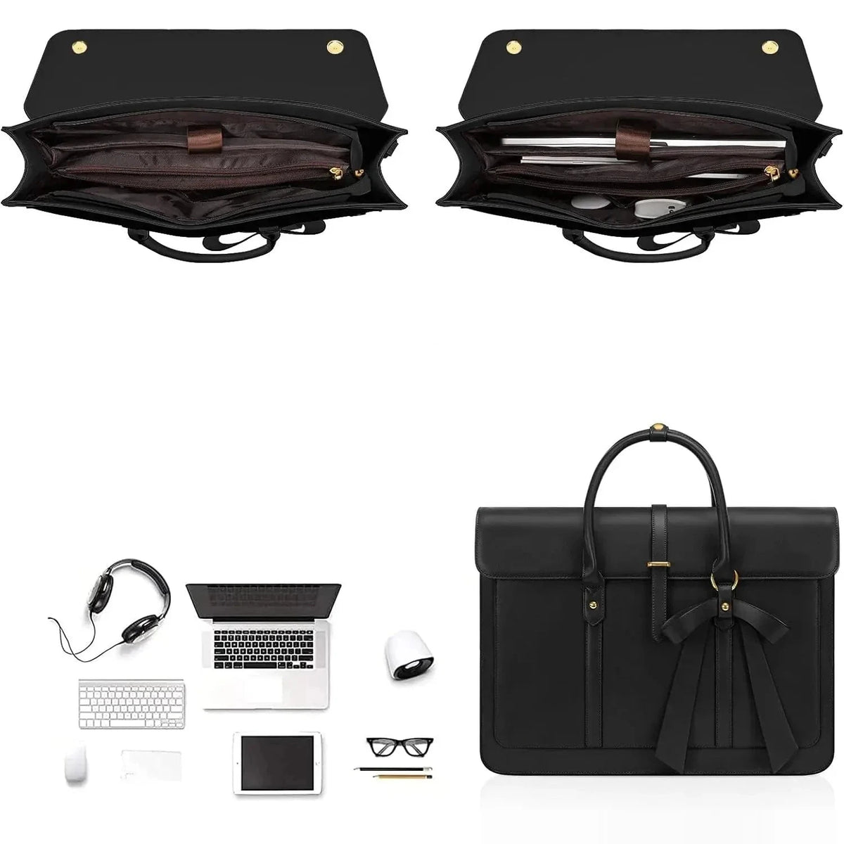 Interieur du cartable noir ouvert sur ses compartiments rembourres, les accessoires de bureau qu'il peut contenir et le sac ferme de face.