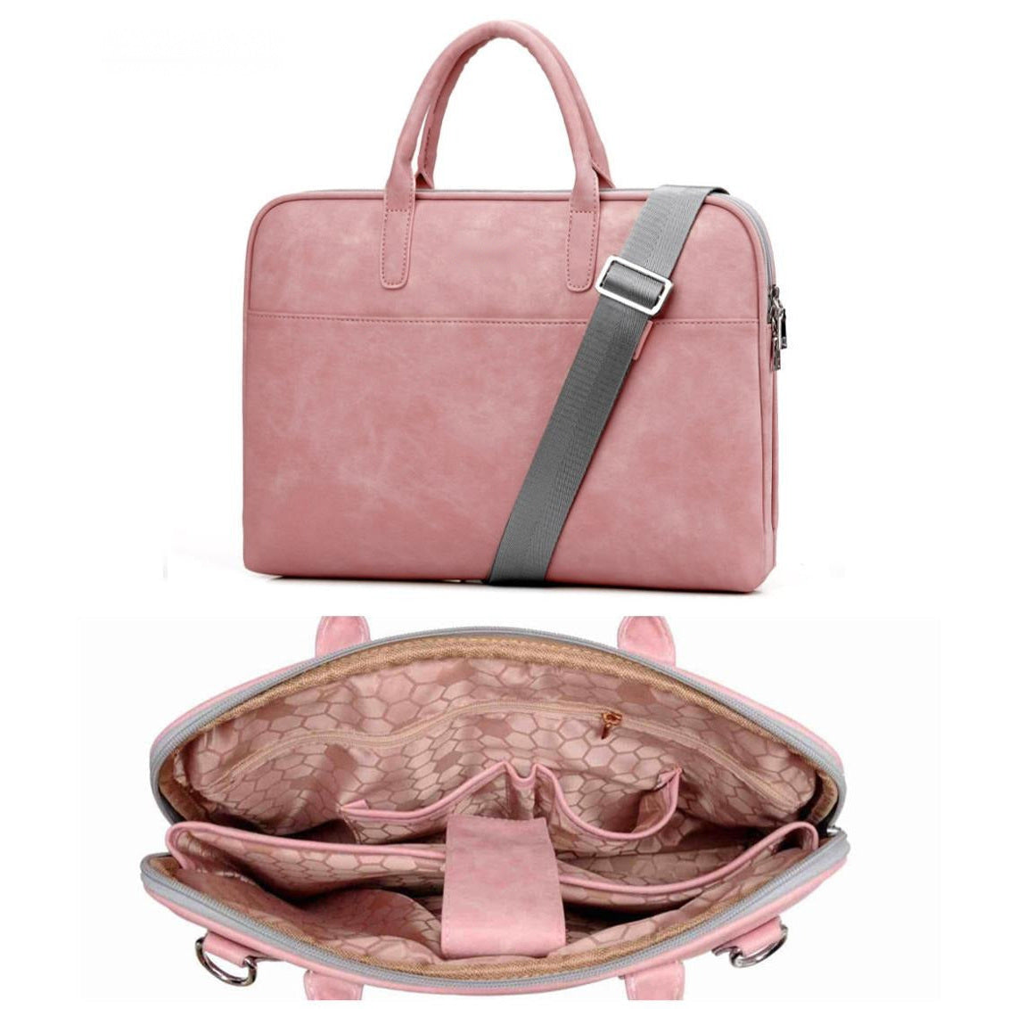 Sacoche pour ordinateur portable rose : vue de face en haut, et intérieur ouvert en bas montrant les compartiments doublés et la poche centrale.