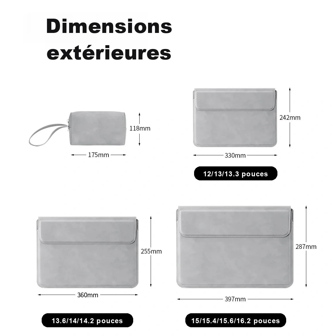 Schéma des dimensions extérieures : trousse 175 x 118 mm et trois housses de 330 x 242 mm, 360 x 255 mm et 397 x 287 mm.