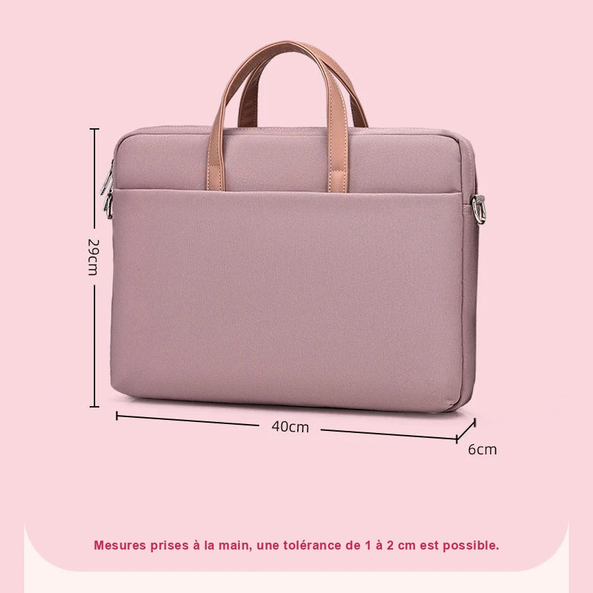 Schéma coté du sac ordinateur rose : 40 cm de largeur, 29 cm de hauteur, 6 cm d'épaisseur, vue de face.