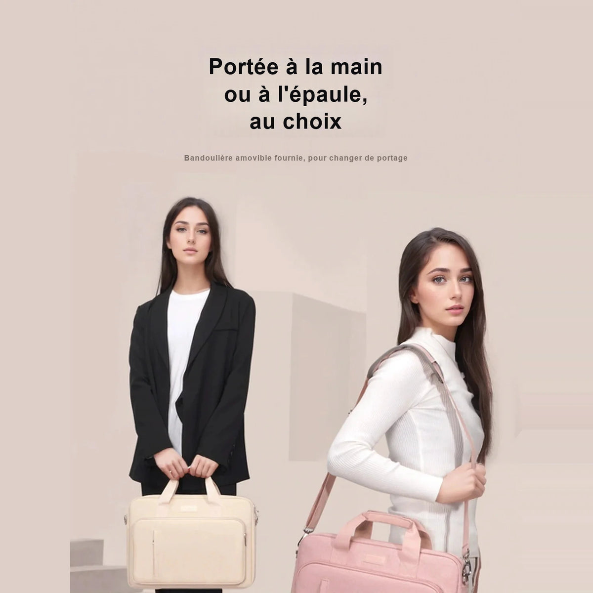 Deux femmes portent la sacoche pour ordinateur portable, l'une à la main en version beige, l'autre en bandoulière en version rose.