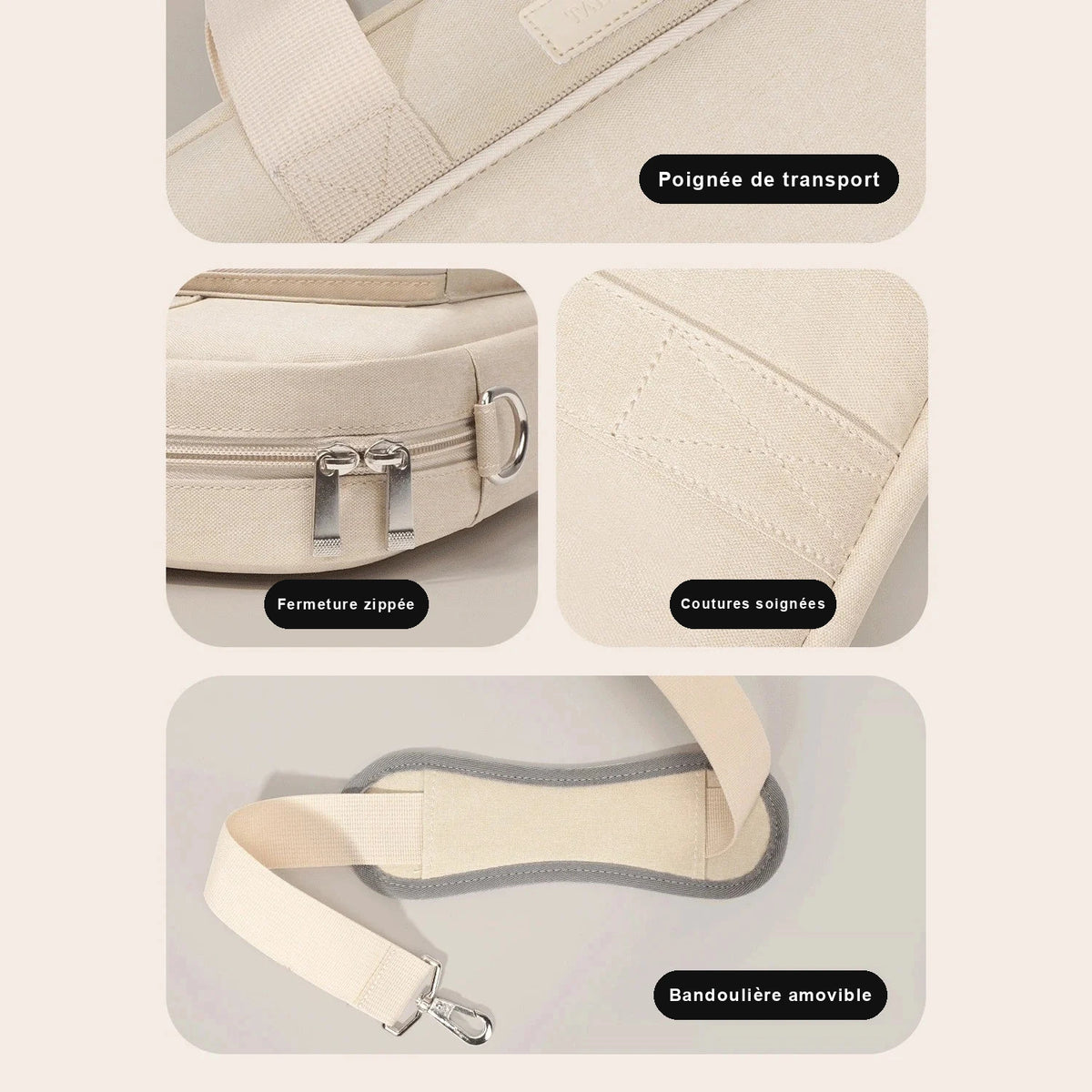 Quatre détails d'une sacoche ordinateur en toile beige : poignée de transport, fermeture zippée à double curseur, coutures et bandoulière amovible.