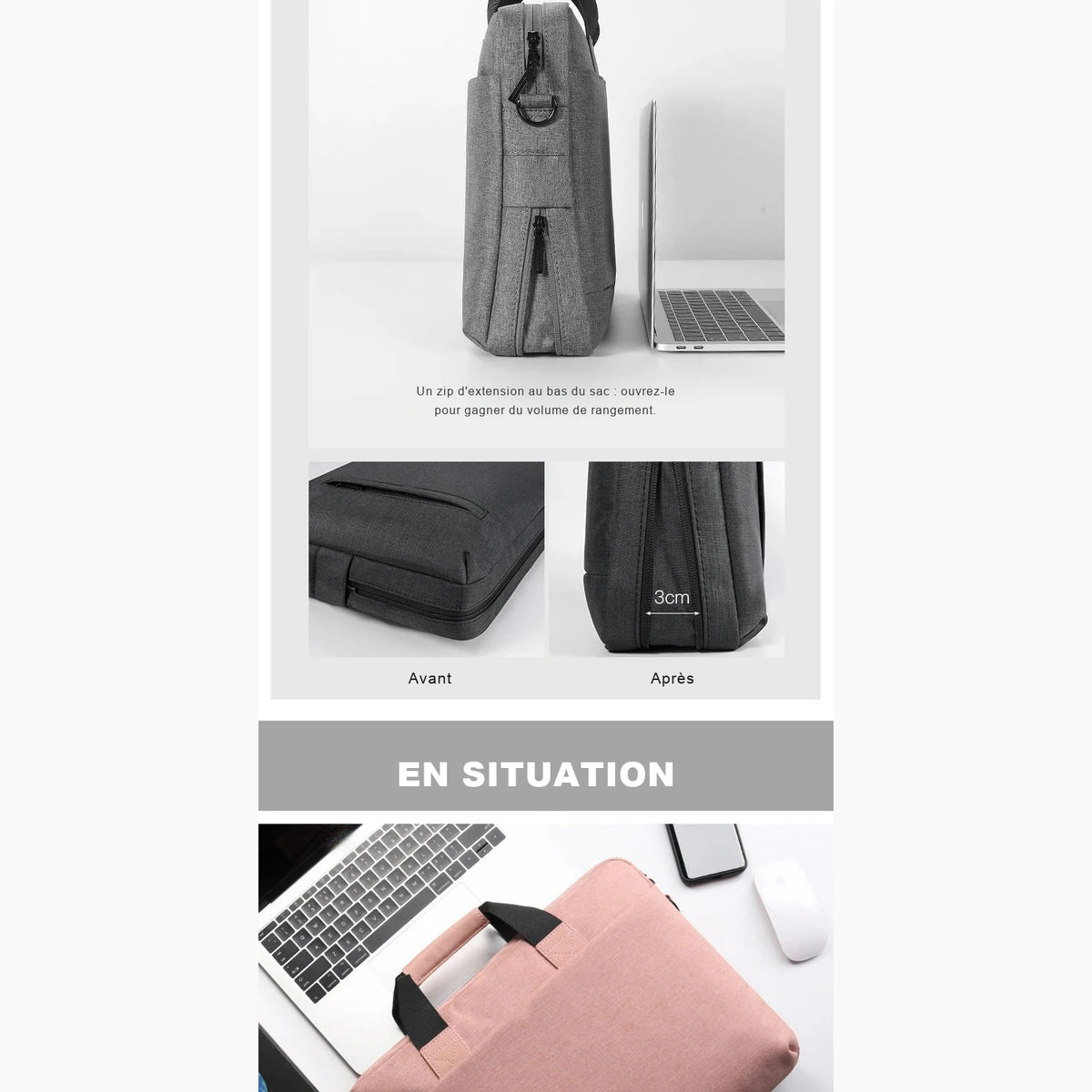 Sacoche ordinateur grise vue de profil à côté d'un portable, détail du zip d'extension qui ajoute 3 cm, et la version rose posée sur un bureau.