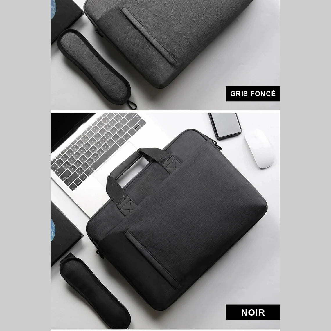Sacoche pour ordinateur portable présentée en gris foncé puis en noir, posée à plat sur un bureau blanc avec un ordinateur portable, une souris et un téléphone.