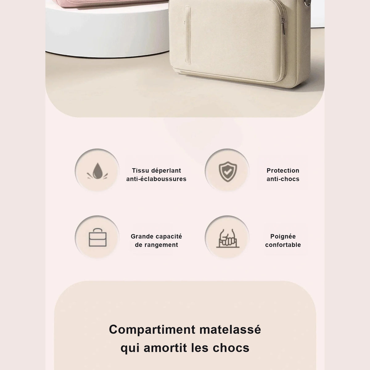 Sacoche beige pour ordinateur portable posée sur un bureau, accompagnée de quatre pictogrammes : tissu déperlant, protection anti-chocs, capacité de rangement et poignée.