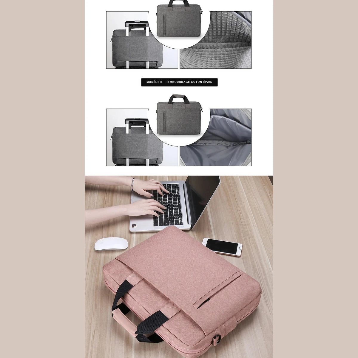 Sacoche grise posée sur une valise, sa doublure matelassée en gros plan, et le modèle rose vu de dessus à côté d'un ordinateur portable.