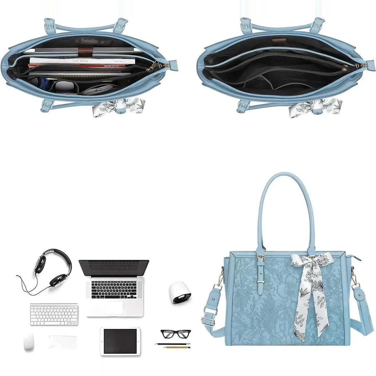 Sac ordinateur bleu clair pour femme : intérieur compartimenté vu de dessus, et le sac posé près d'un ordinateur portable et d'accessoires de bureau.