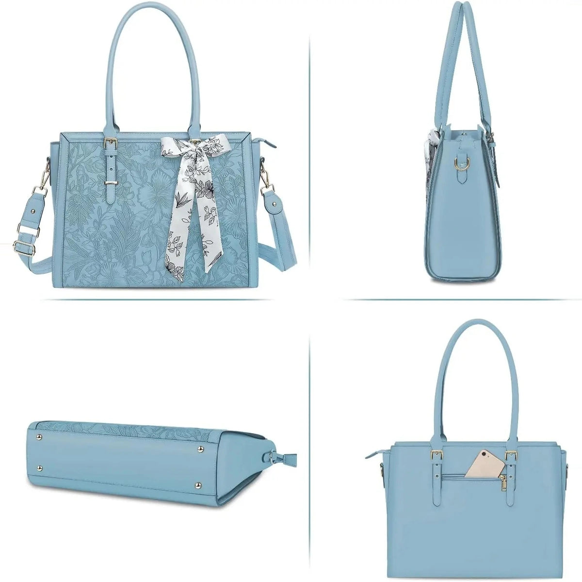 Sac cabas bleu ciel en simili cuir gaufré de fleurs, présenté sous quatre angles : face avec foulard blanc noué à l'anse, profil, dessous et dos à poche zippée.