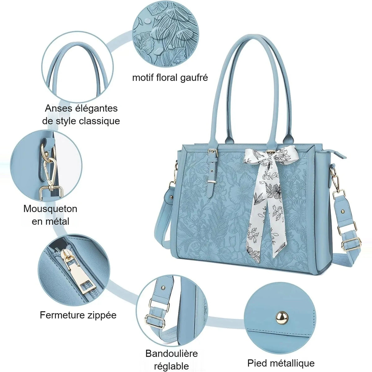 Grand sac cabas pour ordinateur en cuir bleu ciel à motif floral gaufré, double anse, fermoir métallique doré et foulard imprimé noué à l'anse.