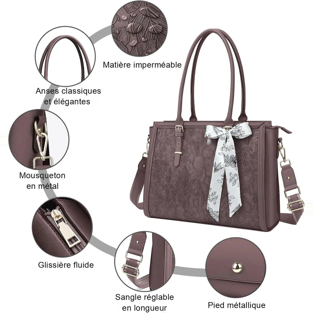 Sac à main bordeaux à motif floral gaufré, deux anses et bandoulière réglable, nœud en tissu blanc imprimé ; six vues rapprochées entourent le sac et détaillent la matière, les anses, le mousqueton, la fermeture à glissière, la sangle et le pied métallique.
