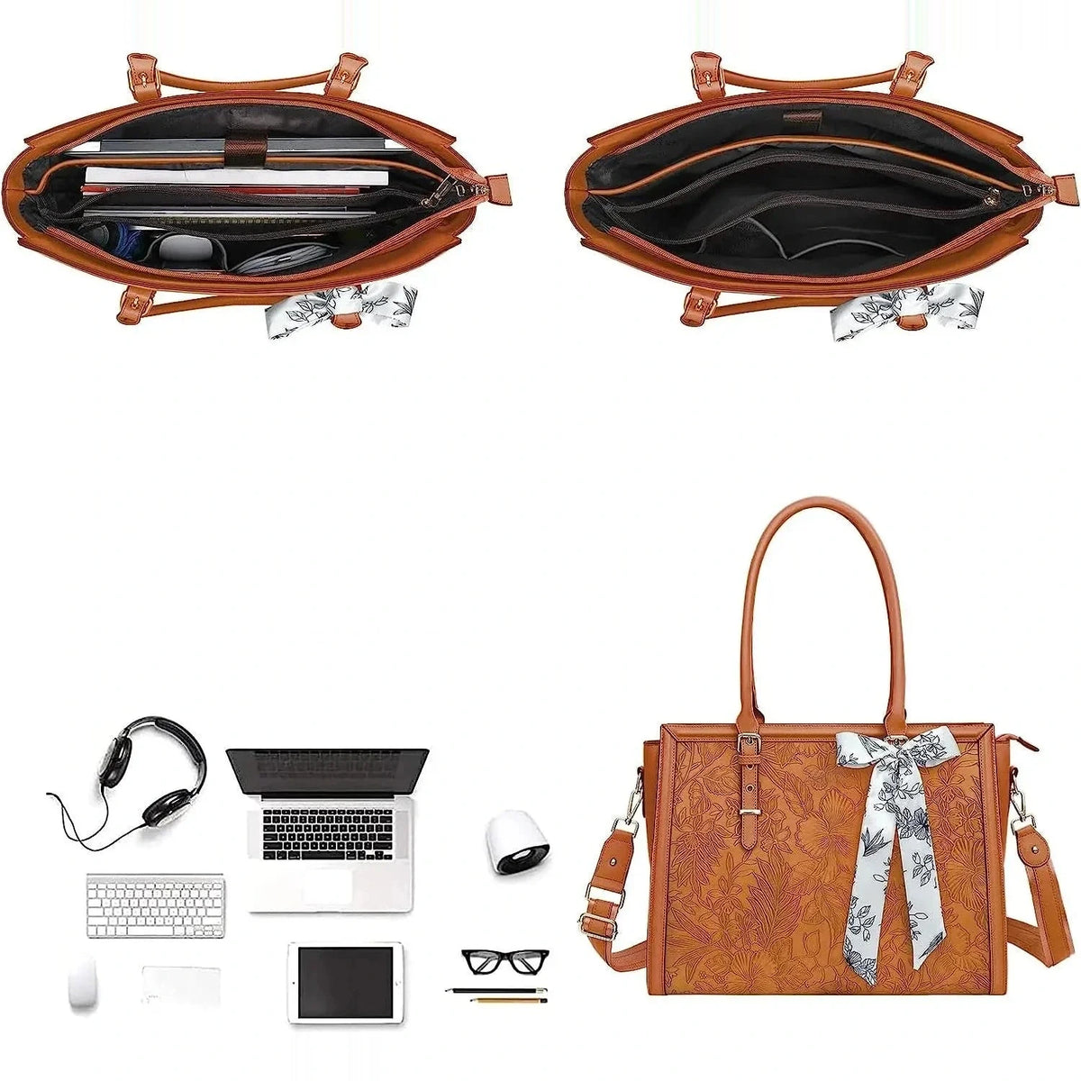 Grand sac cabas en cuir façon fleuri camel, foulard noué sur l'anse, posé avec un ordinateur portable, un casque et des accessoires ; vignettes montrant l'intérieur compartimenté du sac.