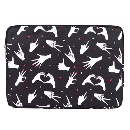 Housse noire pour ordinateur portable 14 pouces à motif de mains blanches, vue de face fermée.