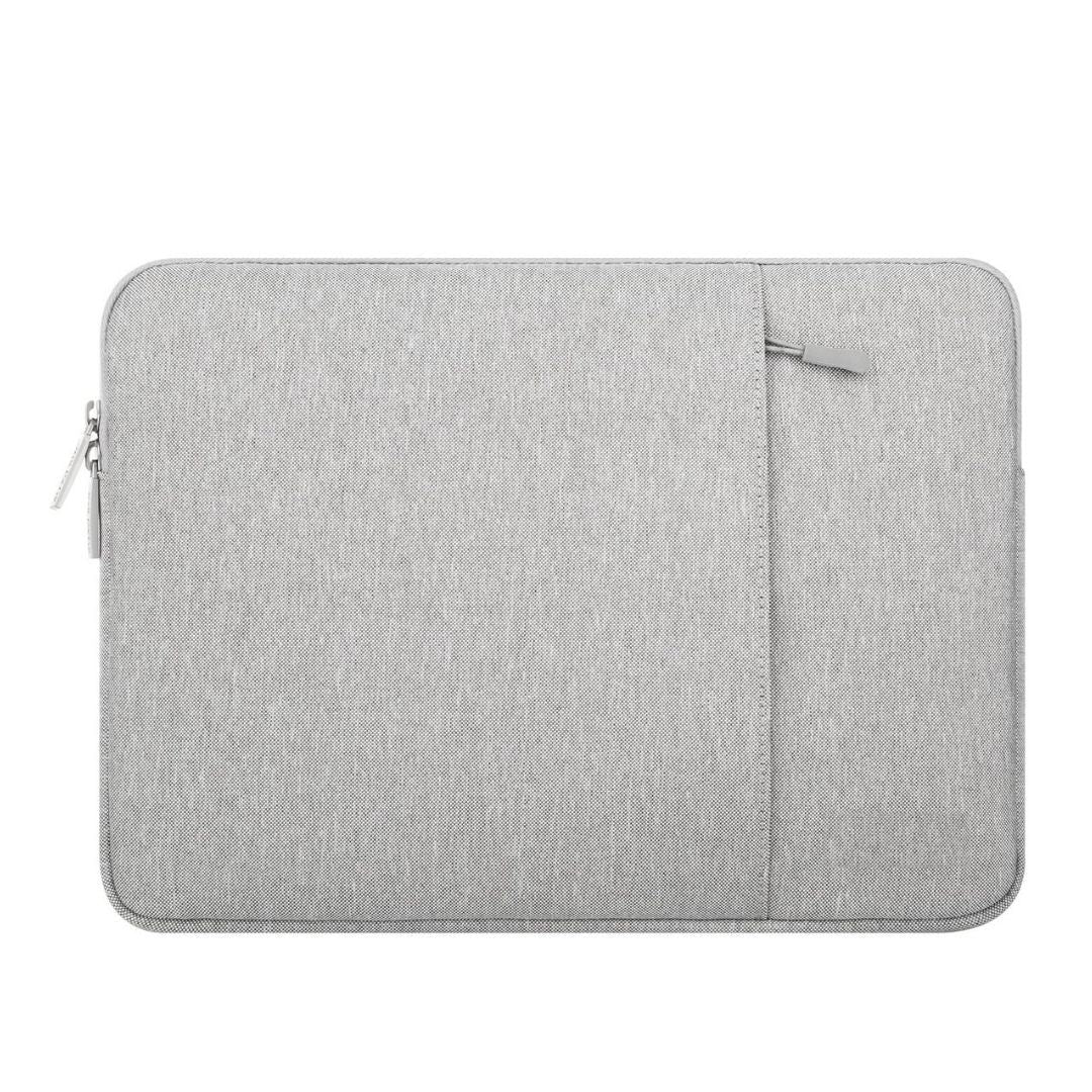 Pochette pour ordinateur 13,3 pouces en tissu gris chine, vue de face a plat, avec sa poche avant et sa fermeture eclair.