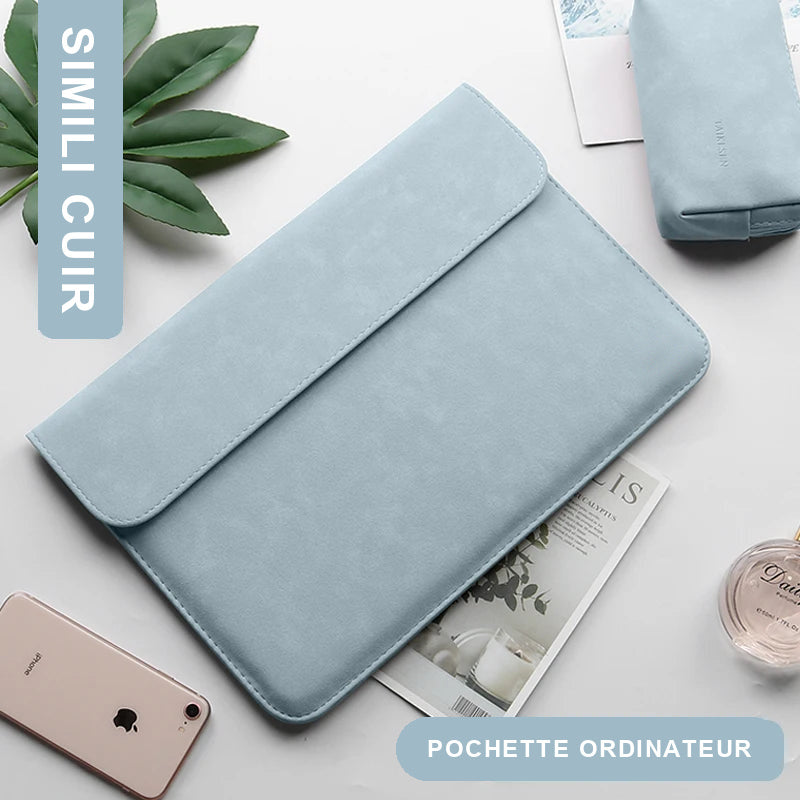 Pochette ordinateur 14 pouces en simili cuir bleu, fermeture à rabat