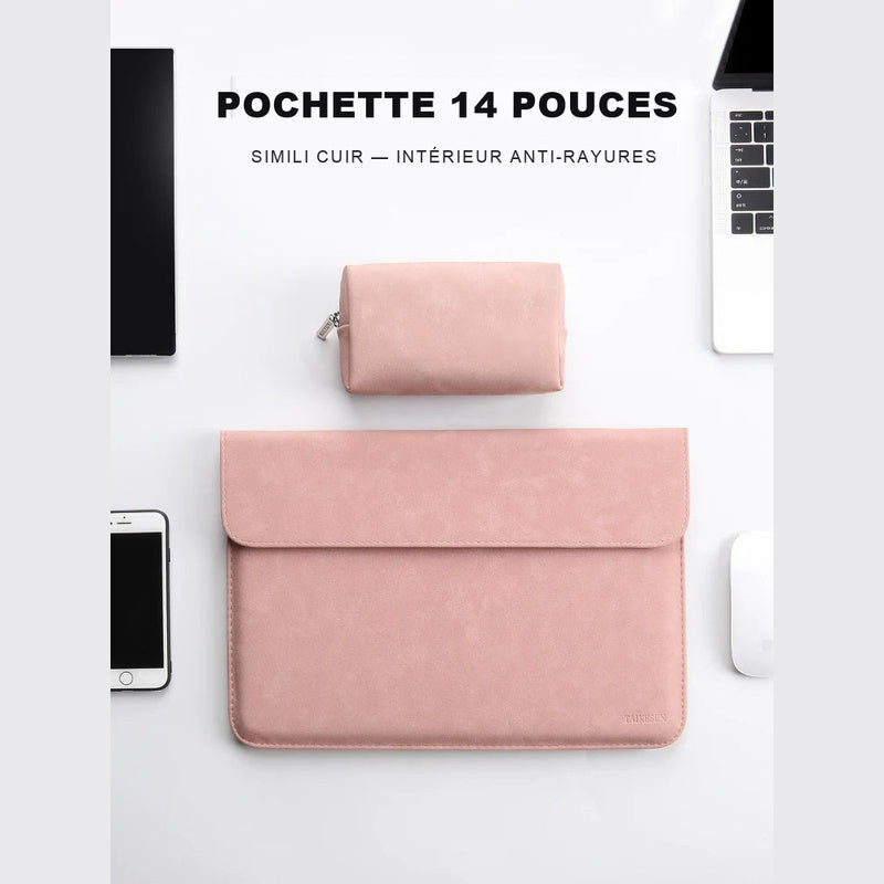 Pochette ordinateur 14 pouces en simili cuir rose, vue d'ensemble