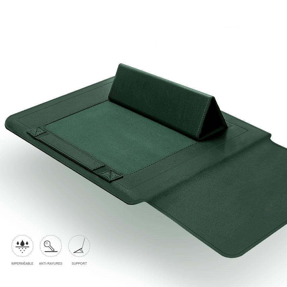 Tapis vert sapin déplié vu en angle, support d'écran relevé au centre, avec trois pictogrammes de caractéristiques en bas à gauche.