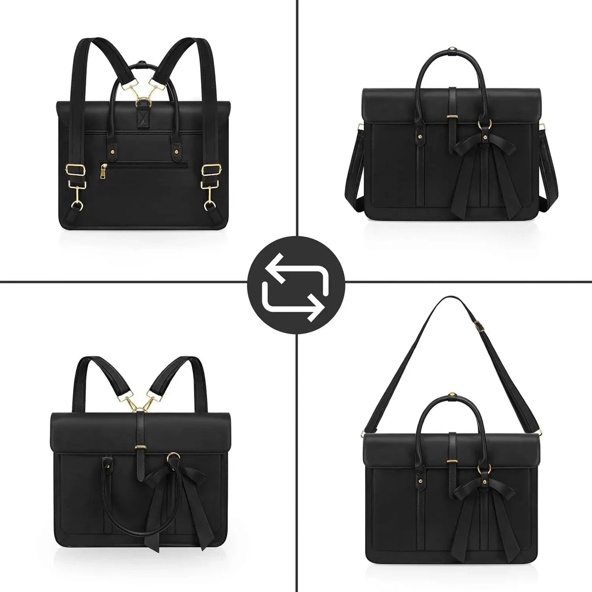 Cartable femme noir en simili cuir vu sous quatre angles : dos avec bretelles, face avec nœud, poignées et bandoulière amovible.