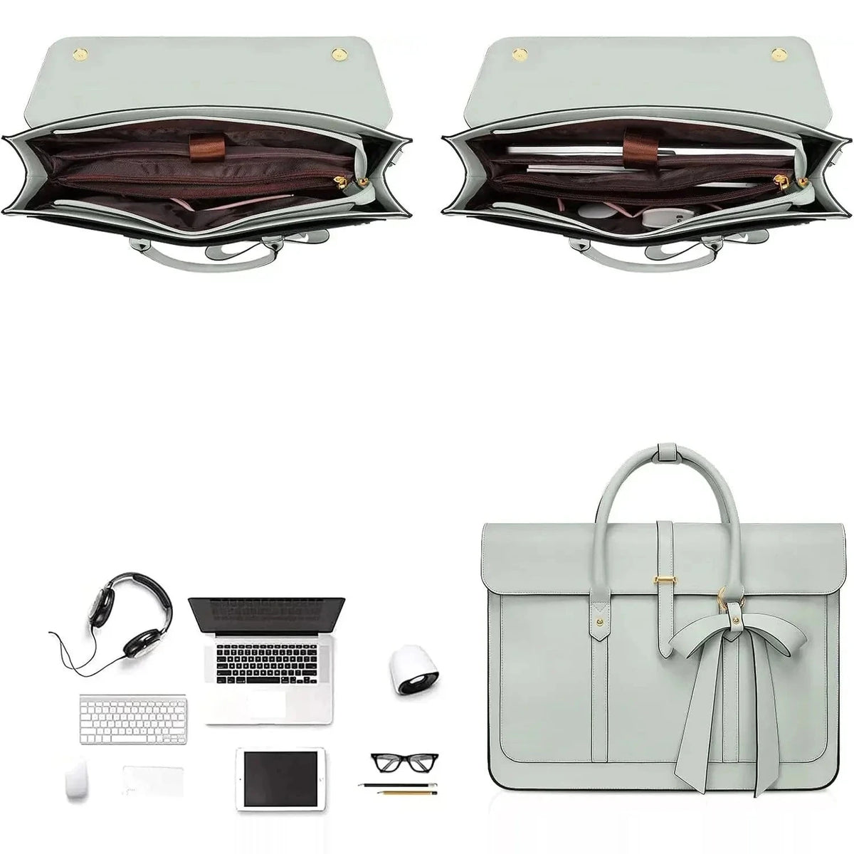 Cartable ordinateur en simili cuir vert d'eau : en haut, deux vues de l'intérieur ouvert avec doublure bordeaux et compartiments zippés ; en bas, le sac fermé à rabat avec poignées, boucle dorée et nœud, à côté d'un ordinateur portable, d'un clavier, d'une tablette et d'un casque.