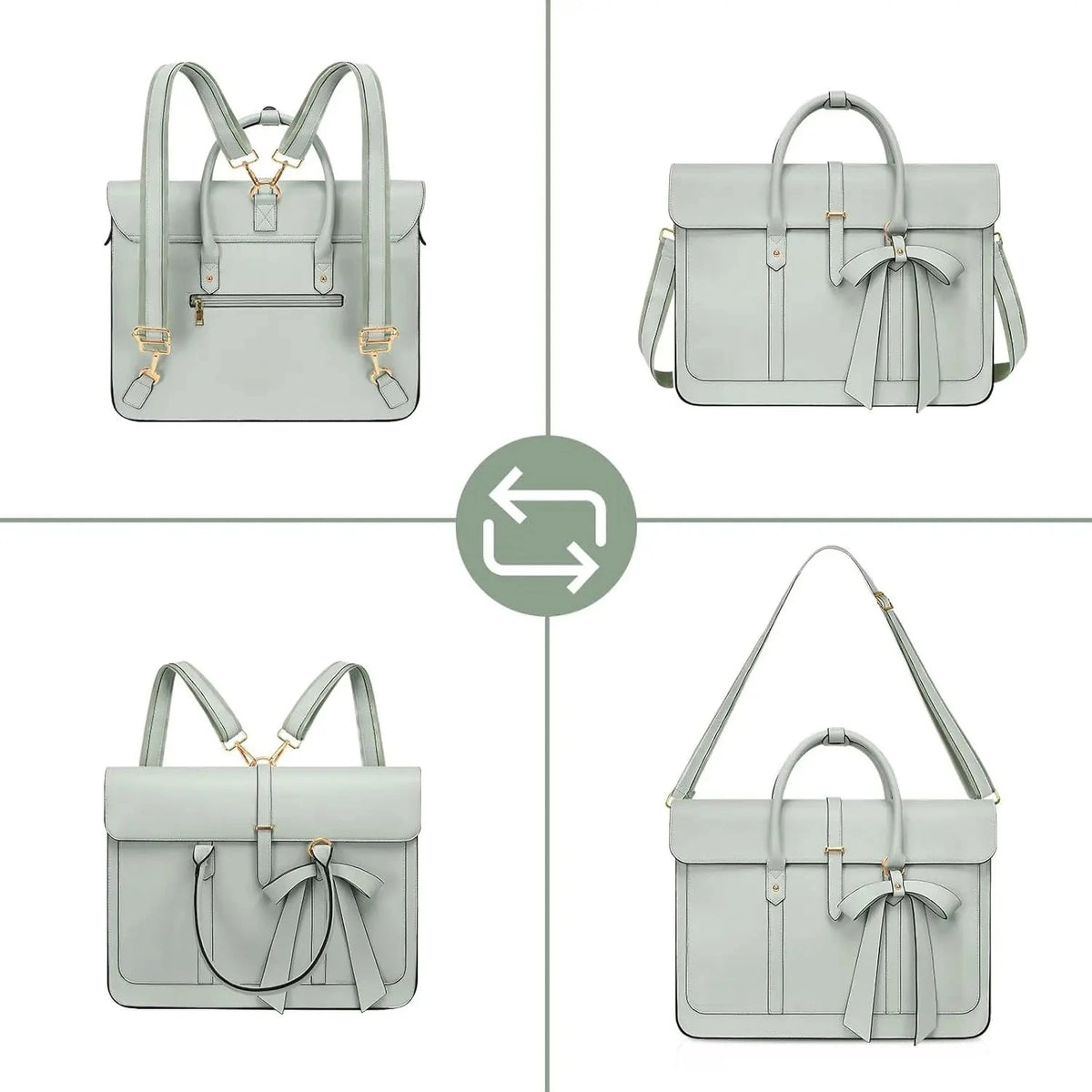 Sac à main pour ordinateur portable en simili cuir gris clair, présenté en quatre vues : porté en sac à dos, en bandoulière et à la main, avec nœud décoratif et boucles dorées.