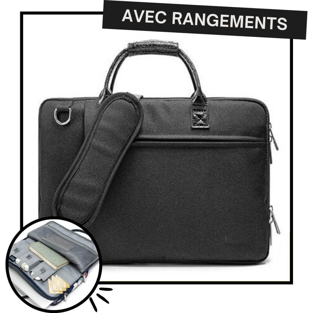 Sacoche pour ordinateur portable en toile noire, vue de face avec ses deux anses et sa bandoulière matelassée, et un aperçu de l'intérieur à compartiments.